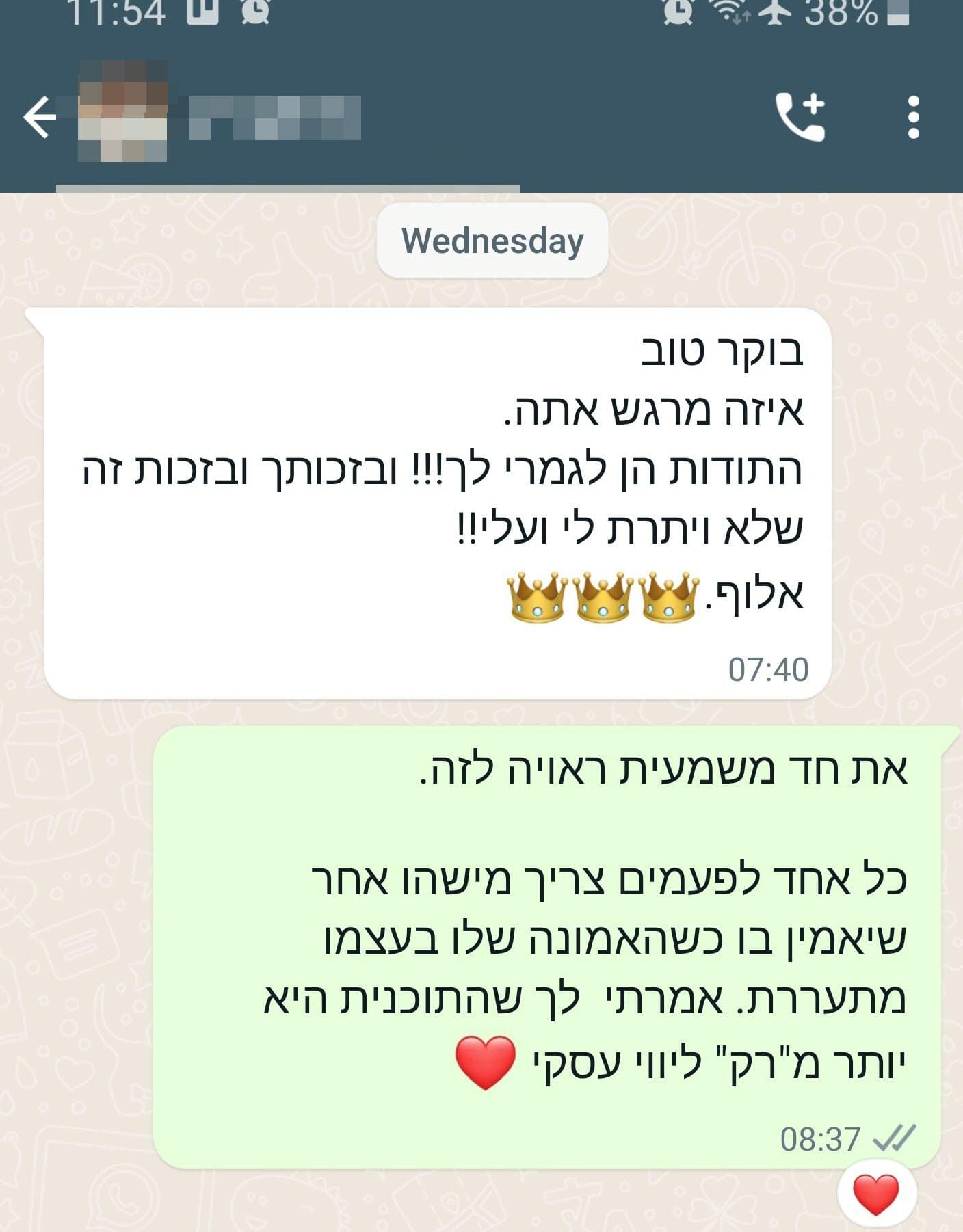 צילום מסך מקבוצת ווטסאפ, כתוב: בוקר טוב איזה מרגש אתה. התודות הן לגמרי לך!! ובזכותך ובזות זה שלא ויתר לי ועלי!! אלוף